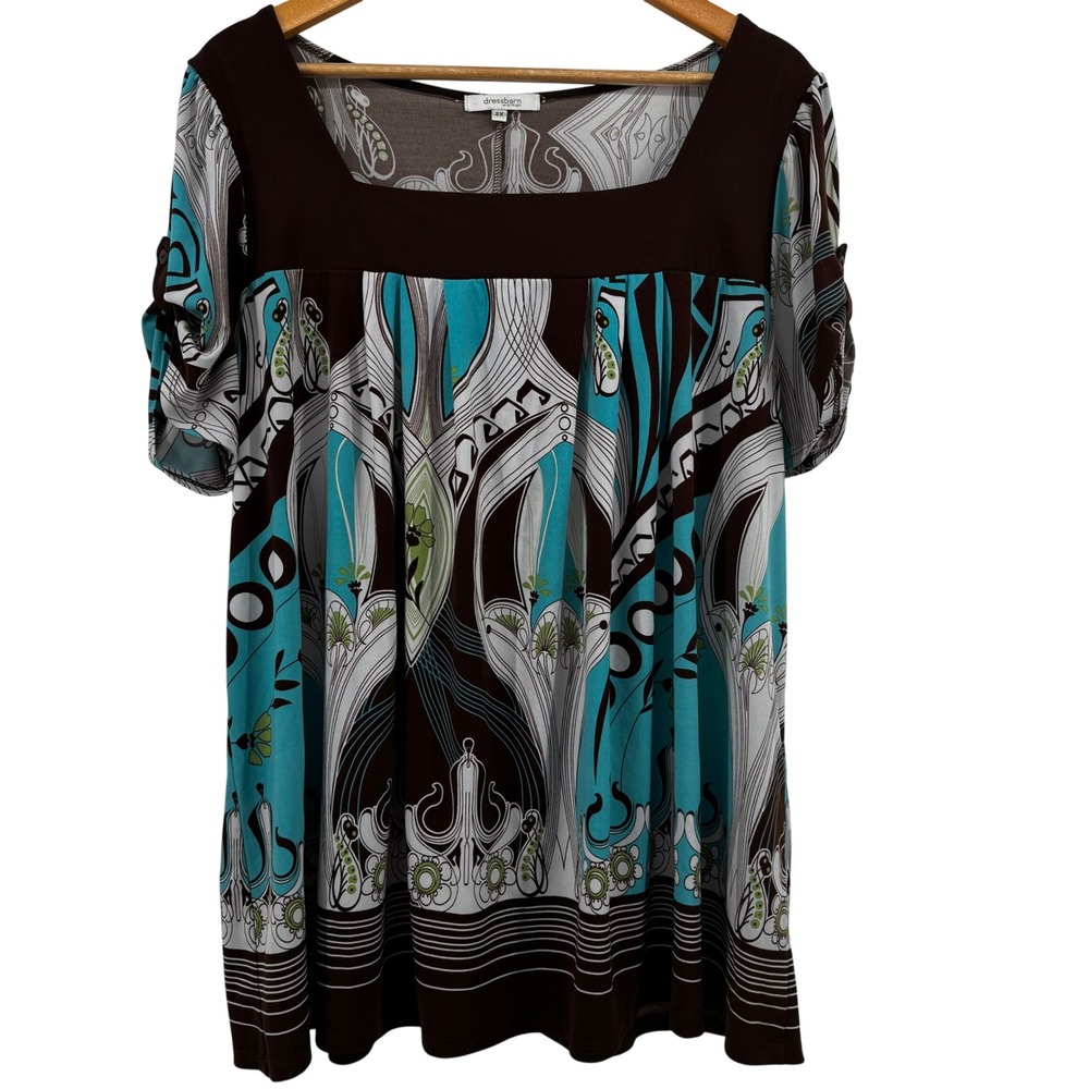 Dressbarn Woman 2X Tunic Top Turquoise Brown Geometric Floral Square Neck Blouse
